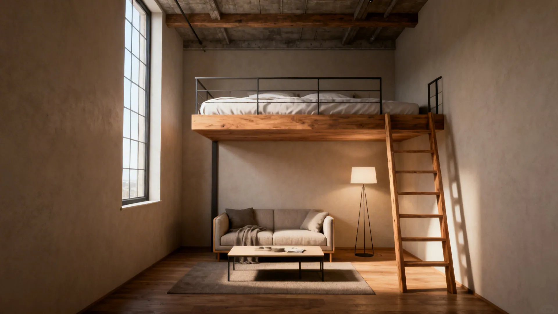 Lofted bed with a cozy living area beneath, wooden ladder and soft daylight