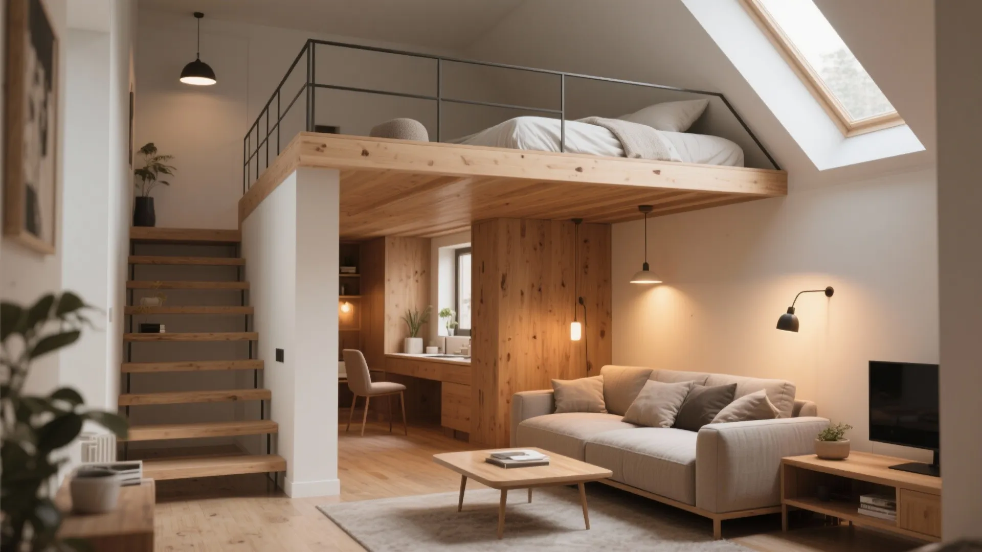 Lofted bed with lounge underneath in high-ceiling studio