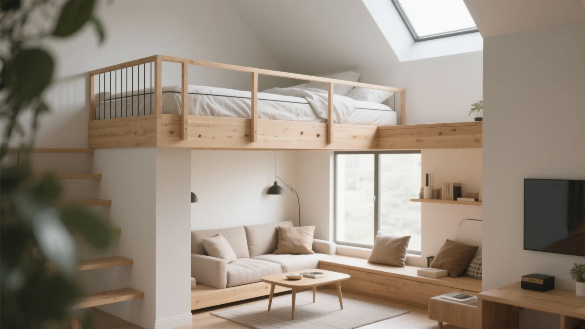 Wooden loft bed built above a small living area with a sofa coffee table and sunlight