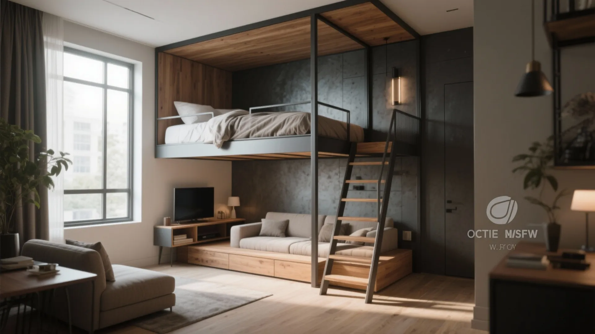 Lofted bed with a lounge area below featuring a loveseat, TV, and ladder in a compact bedroom.