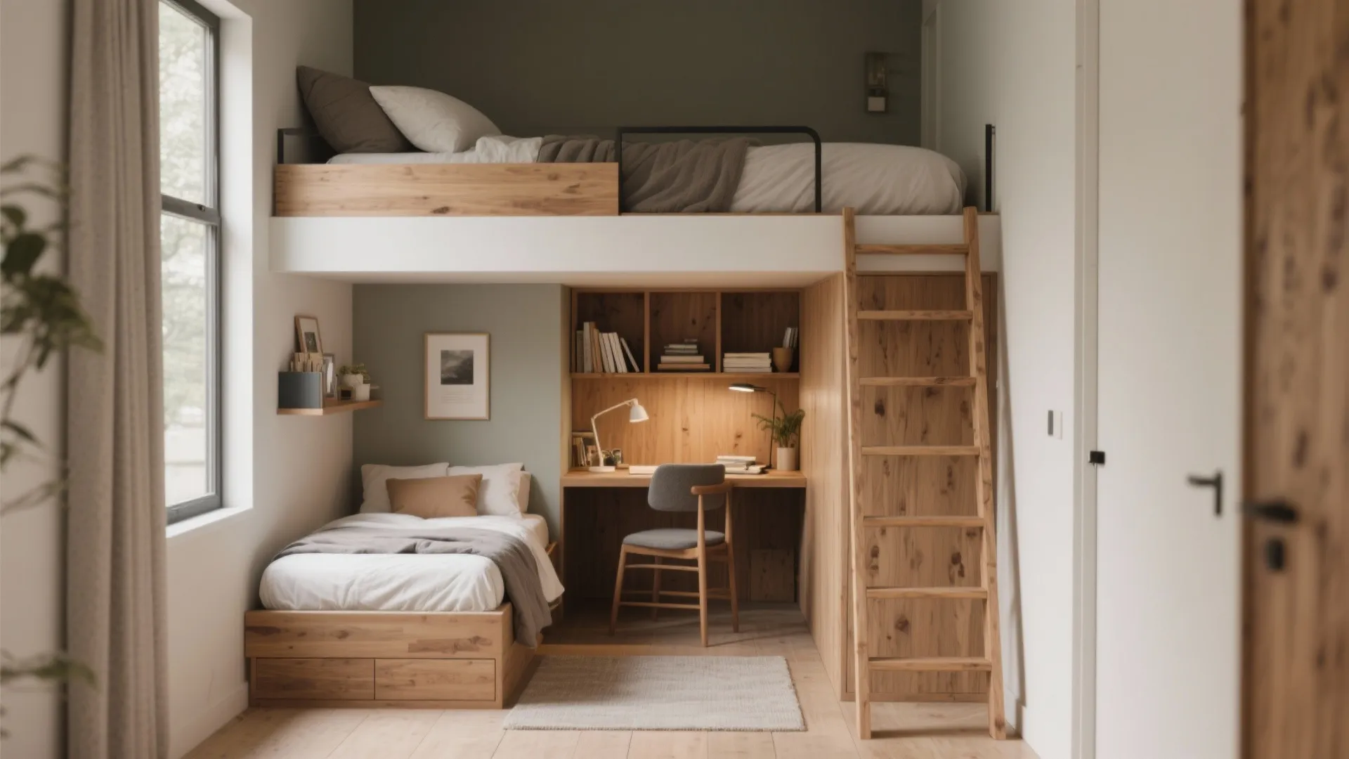 Lofted bed in small room with workspace below