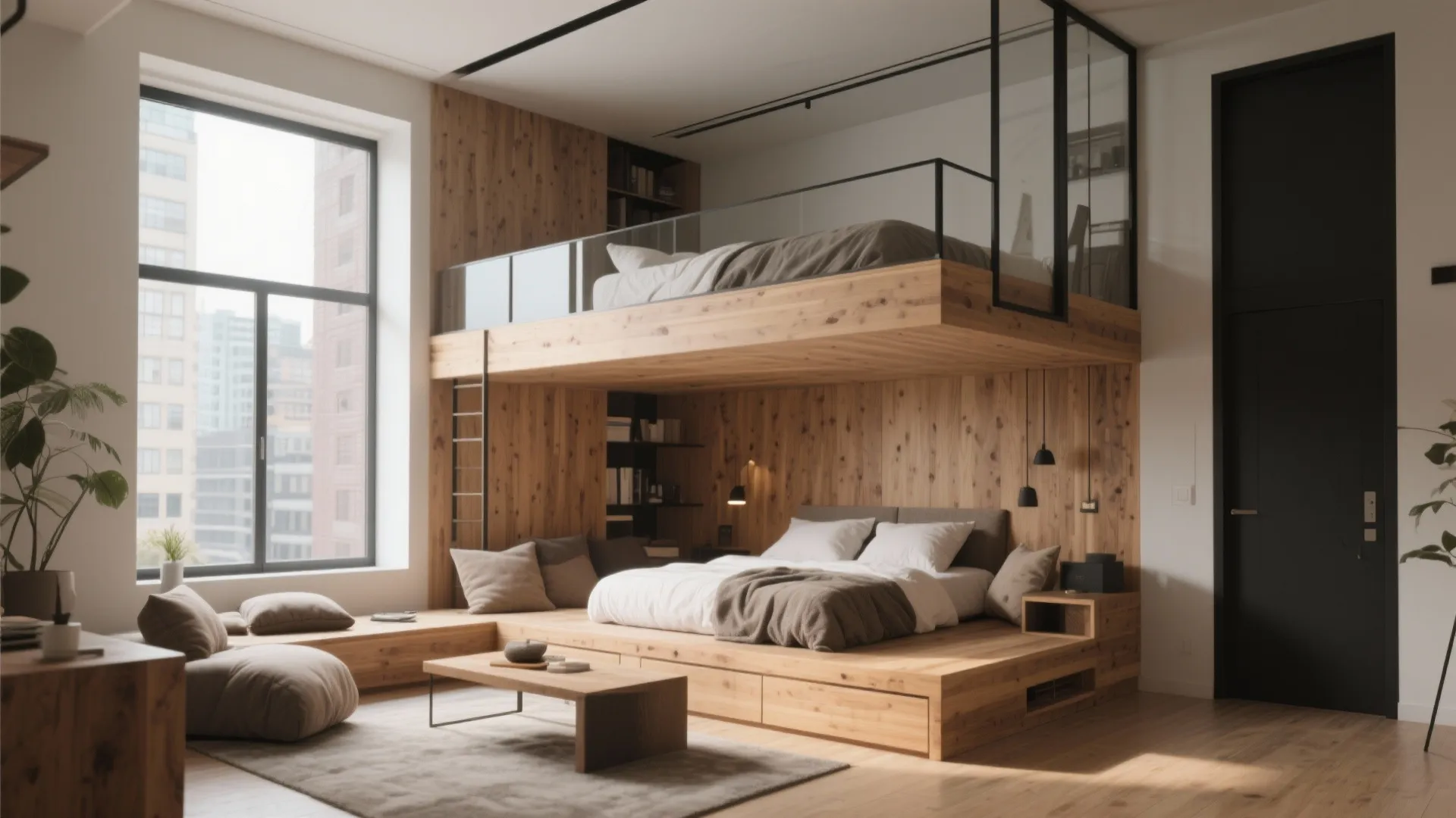 Loft bed in a small rectangular bedroom creating extra lounge space