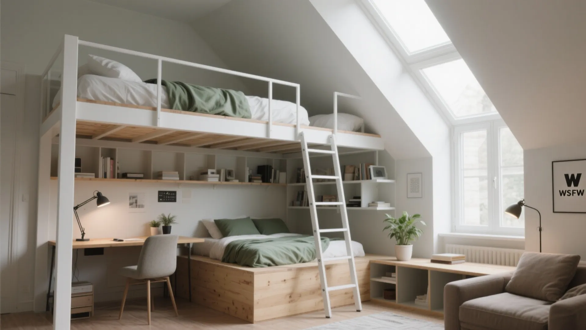 Attic bedroom with a loft bed over a workspace and ladder near a roof window