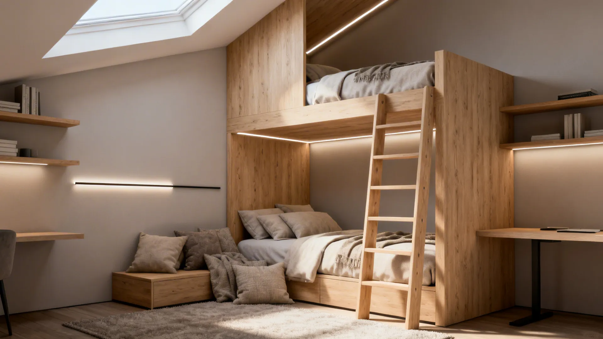 Modern wooden bunk bed with ladder near roof window and small desk in bright attic room