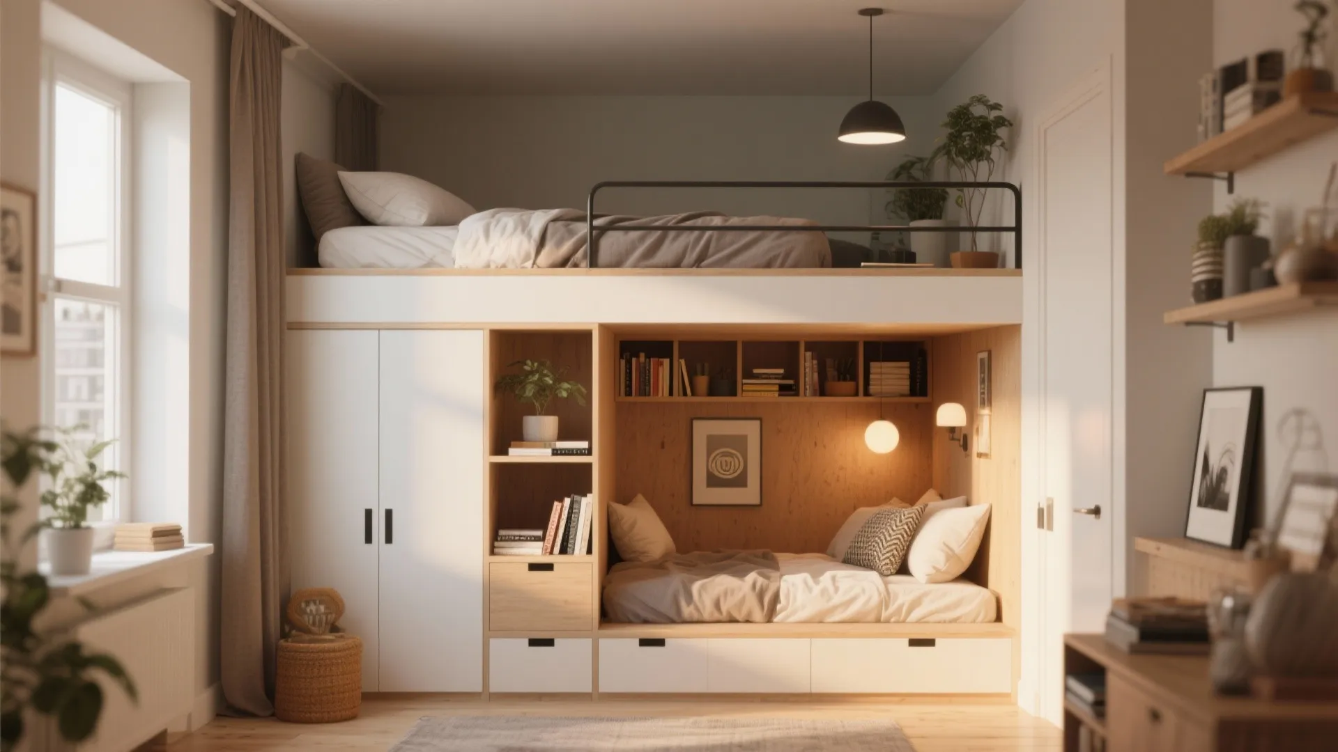 Lofted bed with wardrobe and reading nook underneath