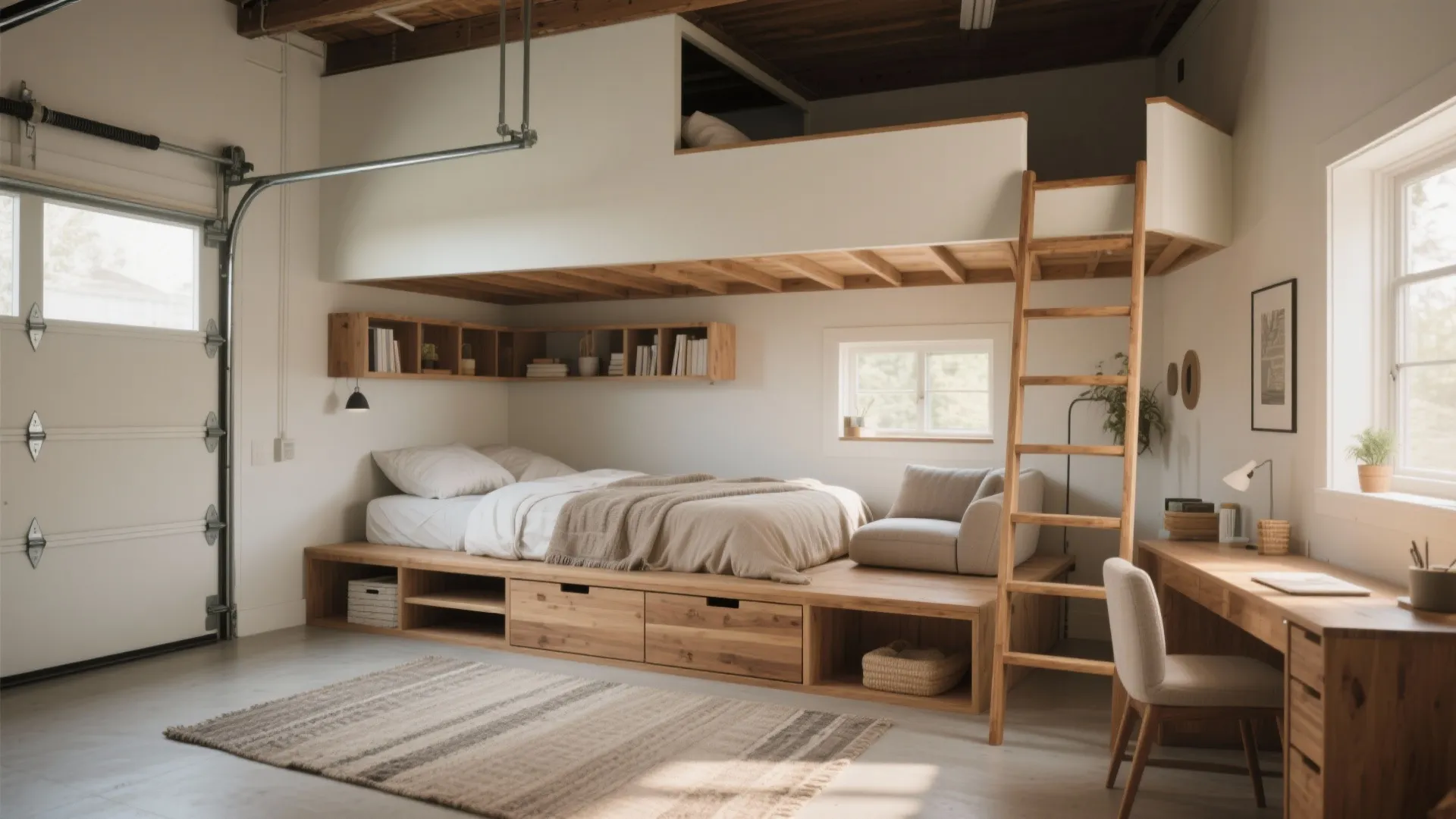1. Lofted Bed with Built-in Storage