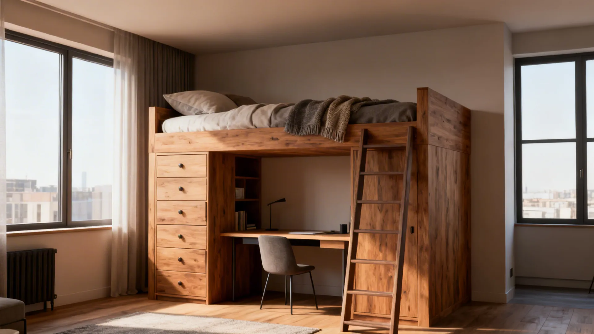 Lofted bed with storage drawers and a desk underneath in a small studio layout