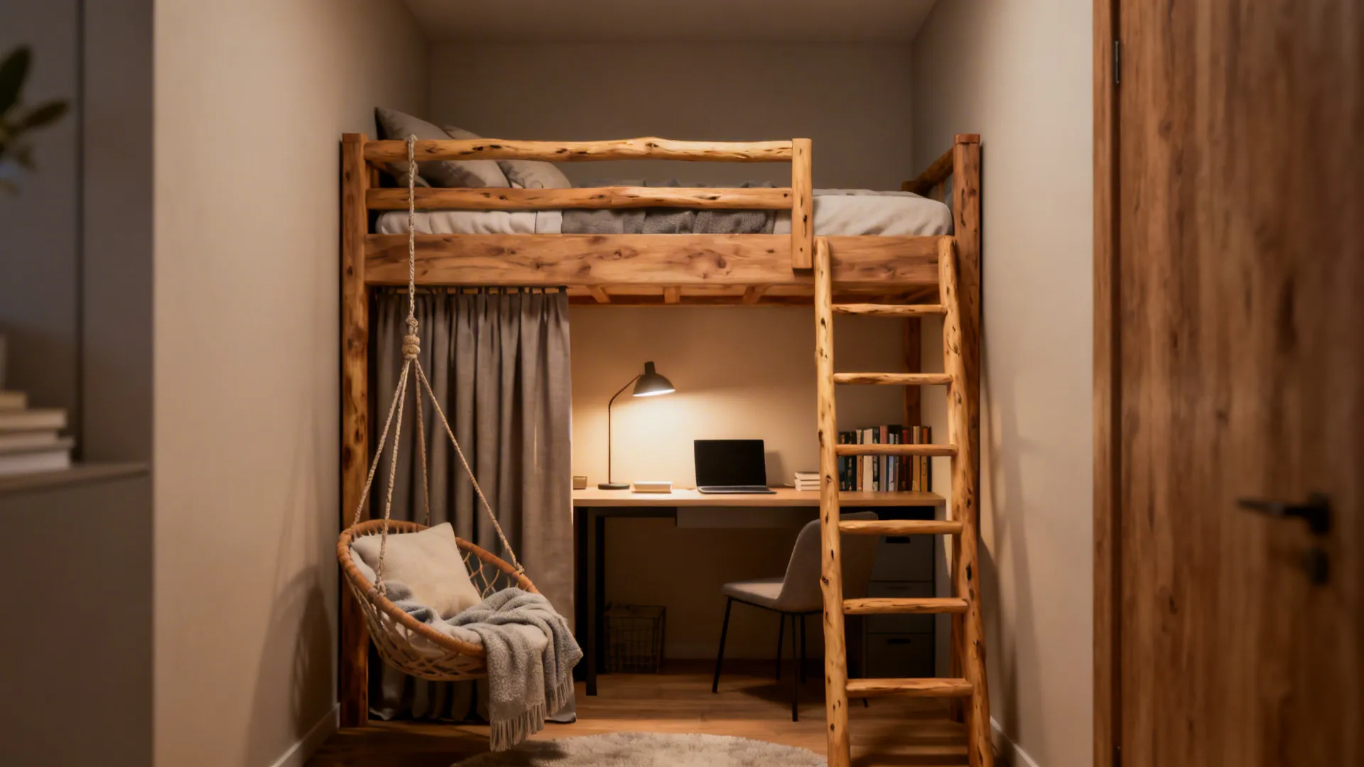 Lofted bed with ladder and a cozy study nook beneath featuring a compact desk and hanging chair