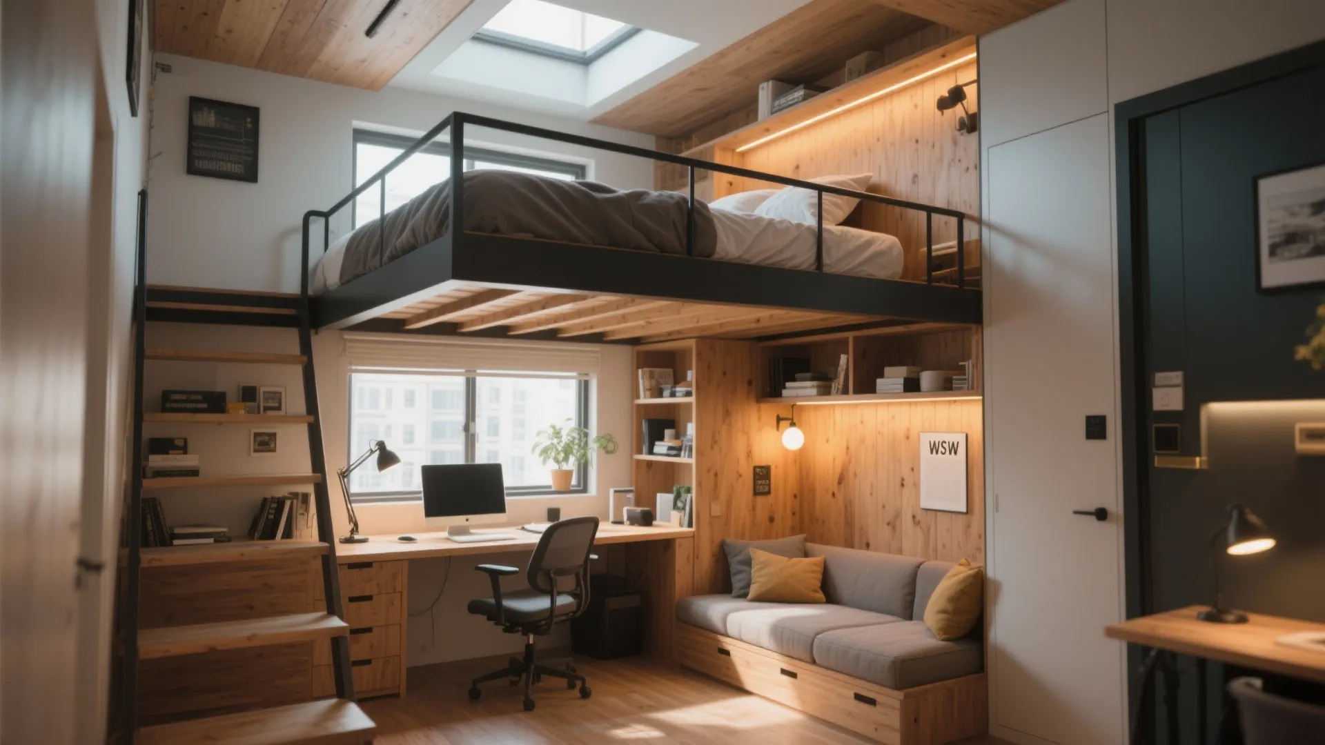 4. Lofted bed or raised platform with workspace