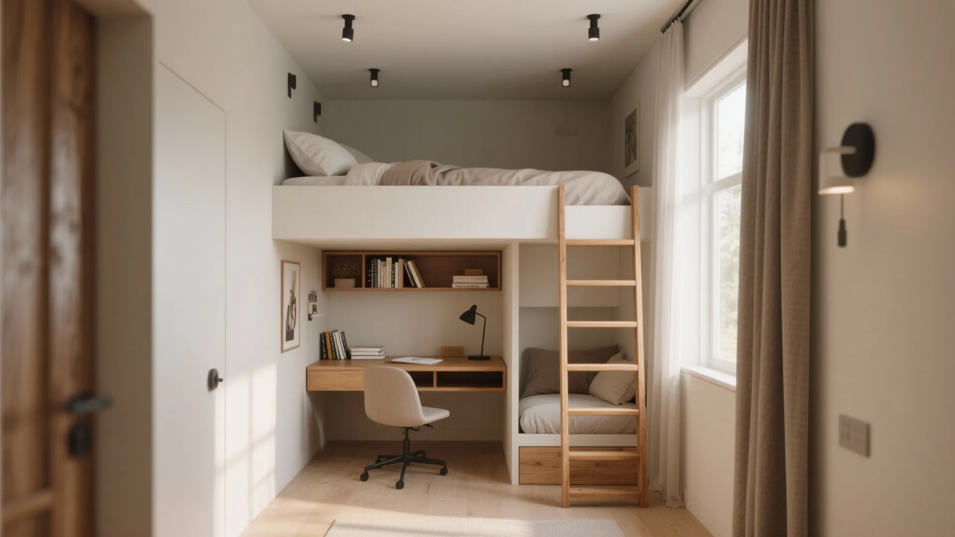 White loft bed with a wooden ladder above a small desk and cozy reading area