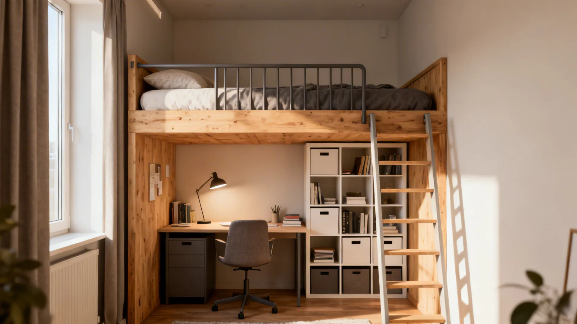 Lofted bed above a compact workspace with modular shelving and warm daylight.