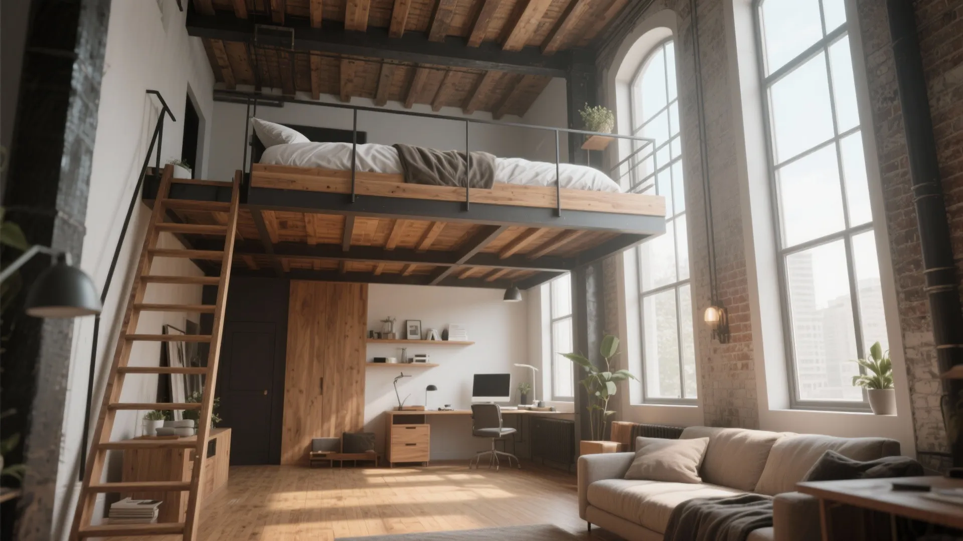 Industrial loft apartment with wooden stairs leading to a bed above a home office desk