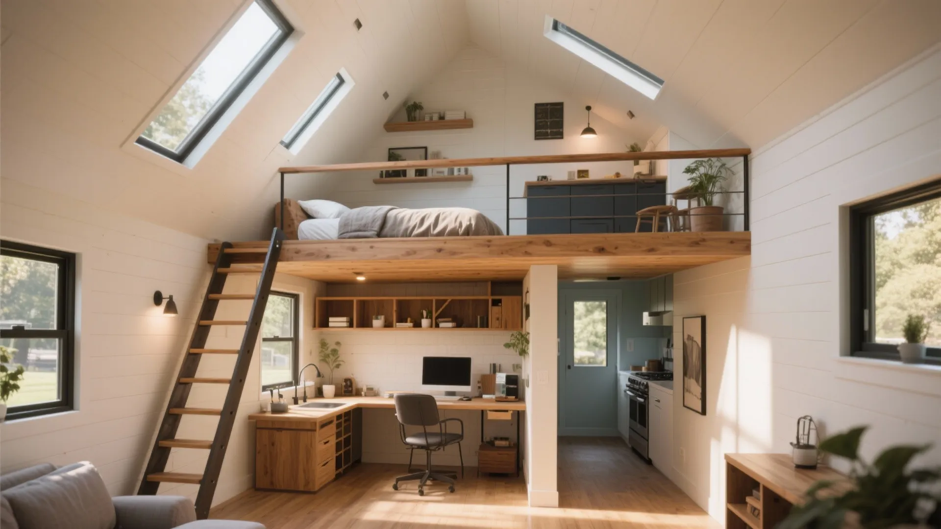 ADU interior with a lofted bedroom above living space and storage under stairs