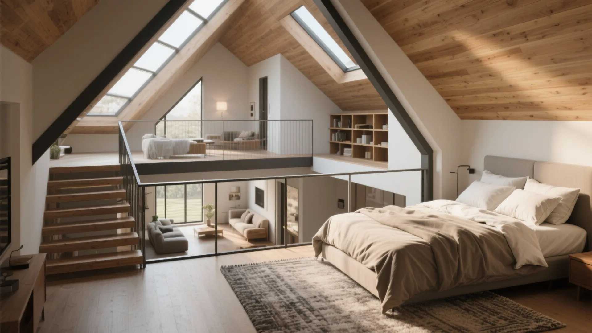 Lofted bedroom in an A-frame with open railings, soft rug, and views to the living area below.