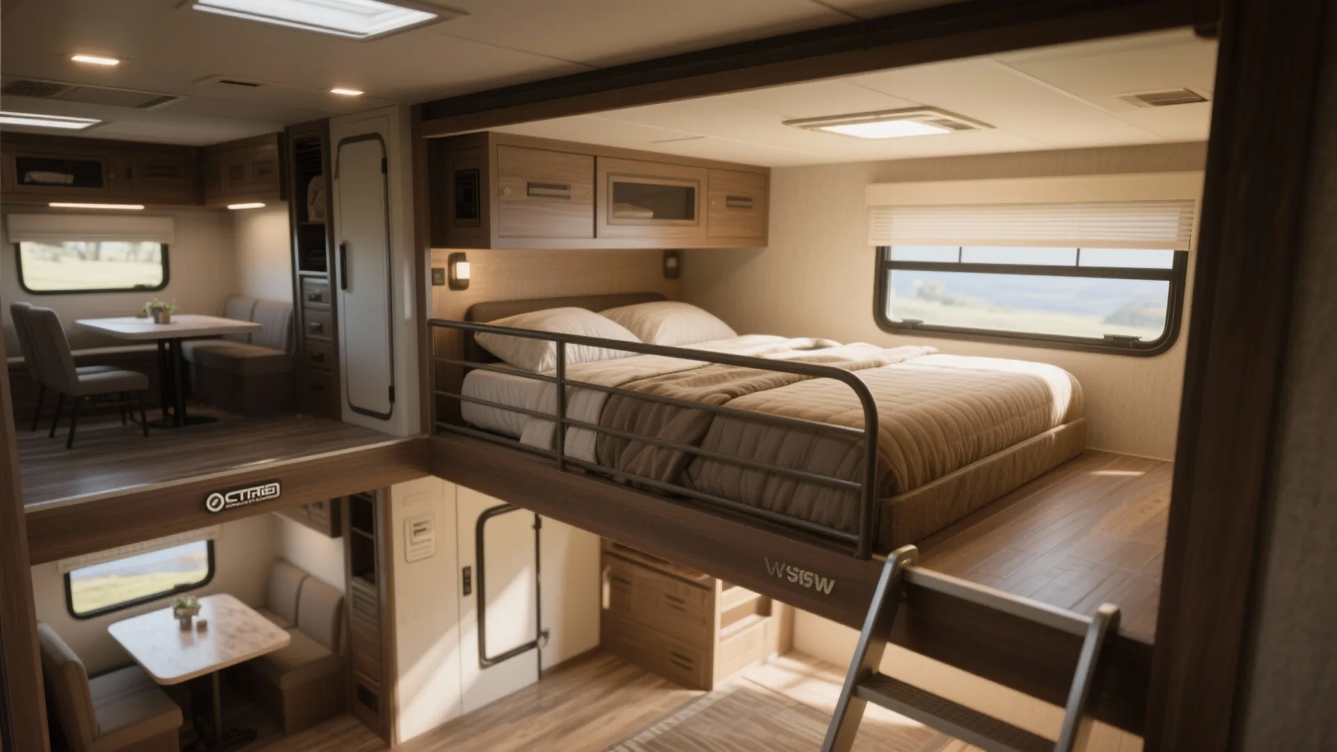Lofted second bedroom over dinette in a fifth wheel, showing ladder access and cozy elevated nook.
