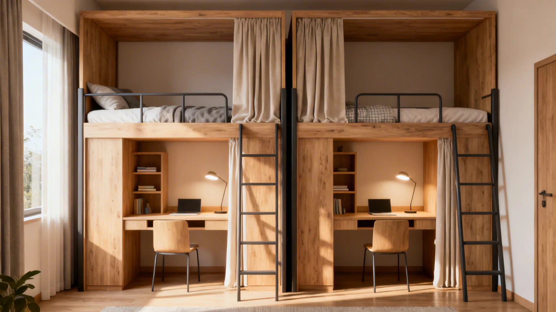 Lofted bed over twin study nooks with desks, shelves, and privacy curtains in a compact bedroom.