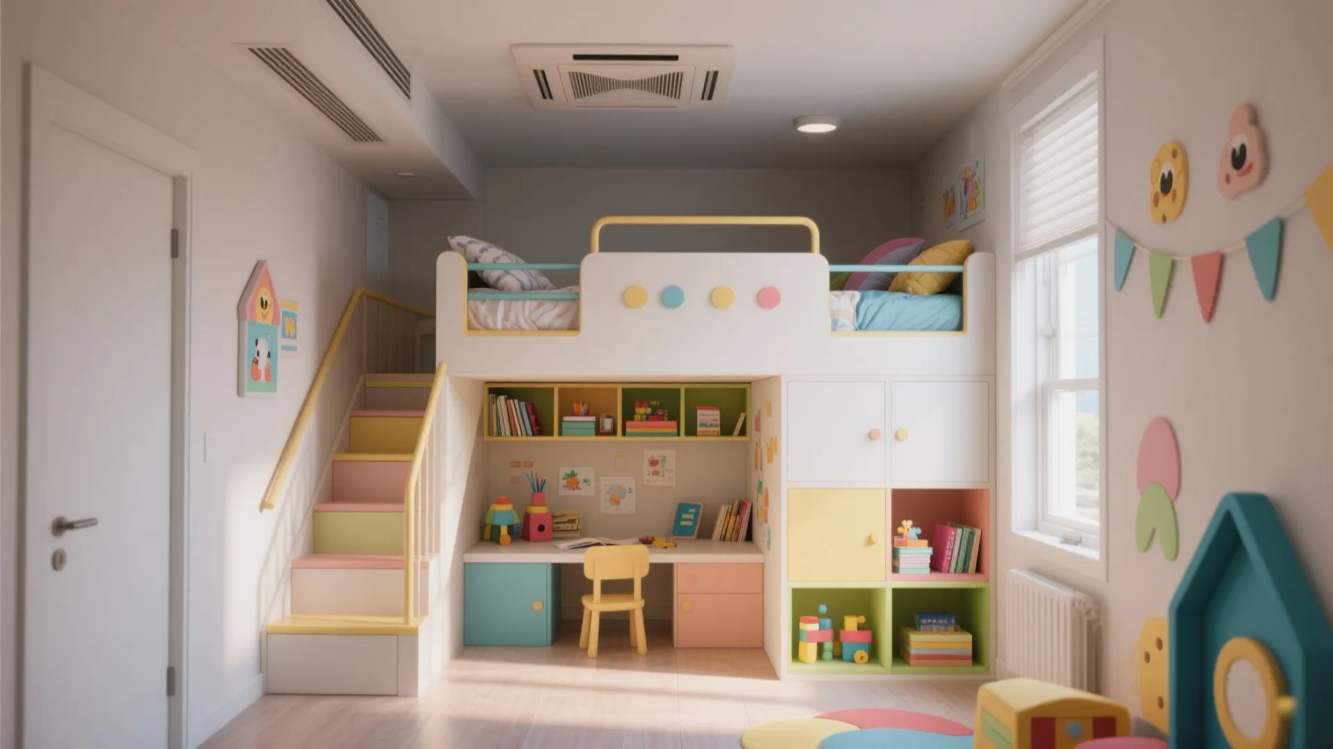 Lofted kids' bunks with storage stairs and play/study area below, bright accents and good ventilation.