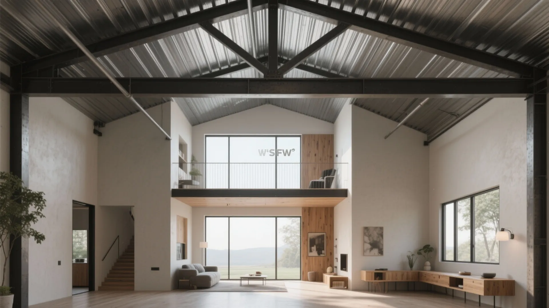 Modern open living room featuring high metal ceiling with wood stairs and large glass windows