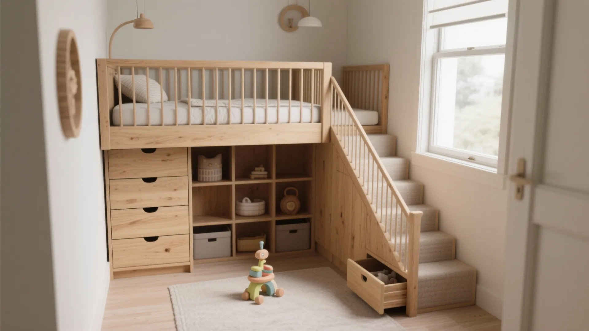 1. Lofted crib with integrated storage