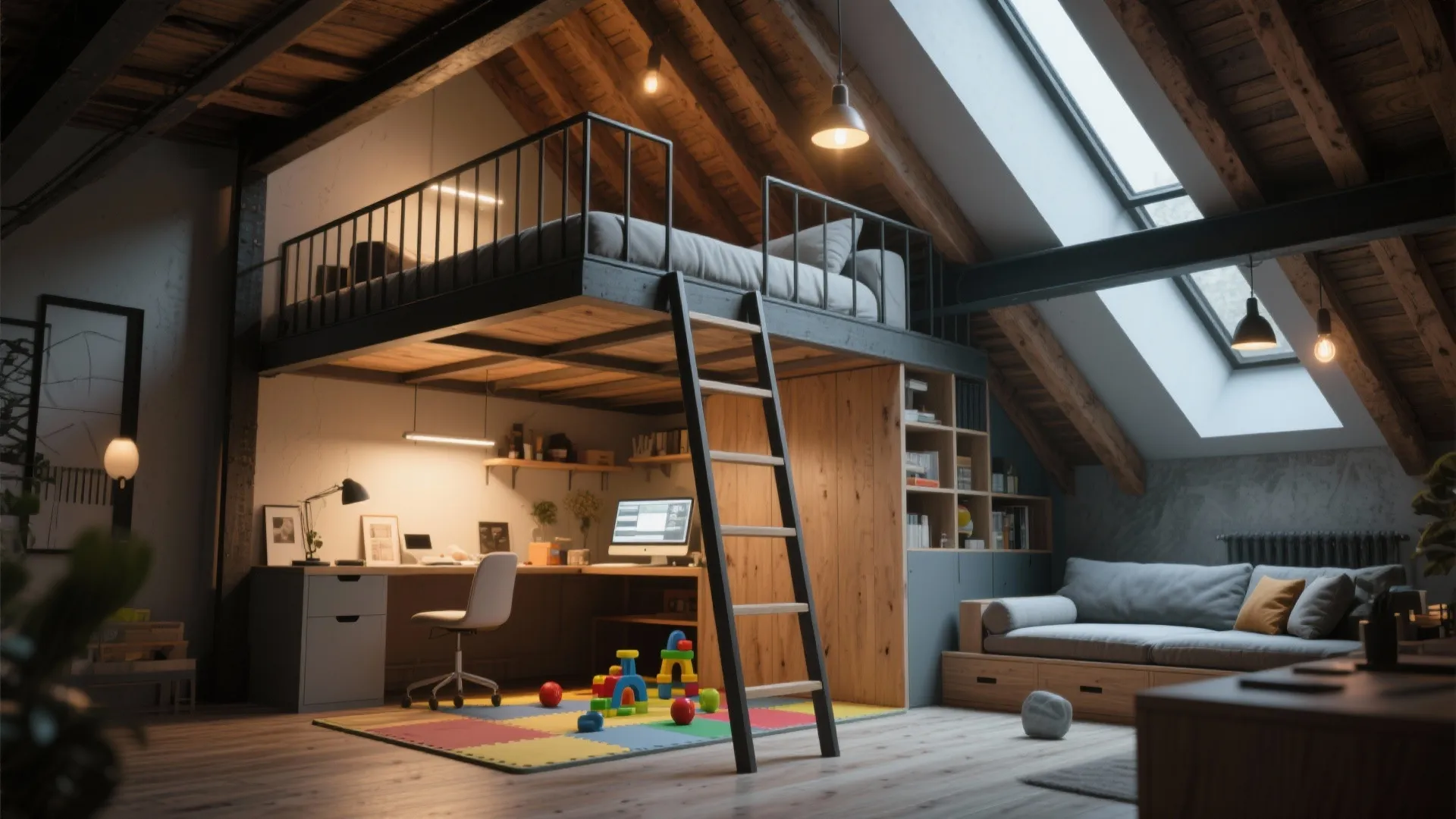 Lofted daybed with desk and play area beneath, ladder and guardrail, maximizing vertical space.