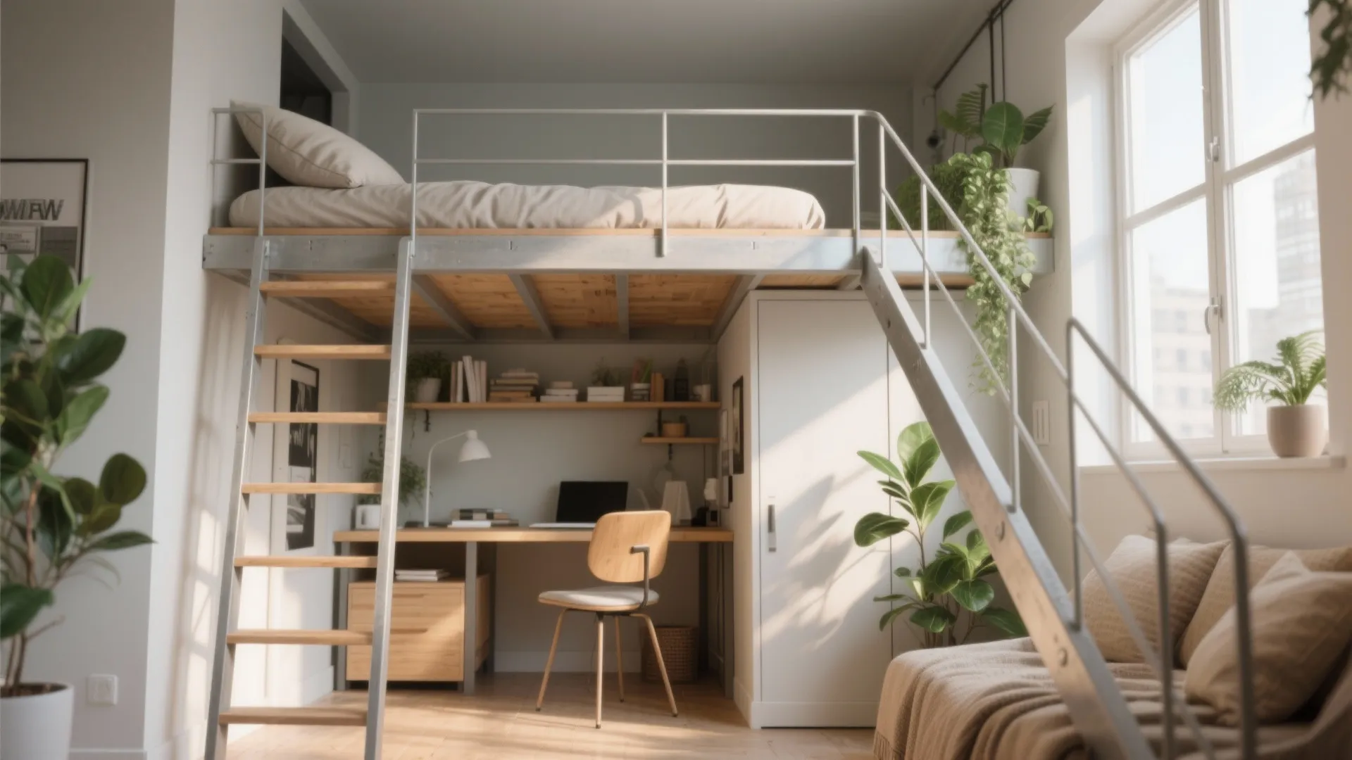 Modern studio apartment with lofted bed over wooden desk workspace plants and white storage cabinet
