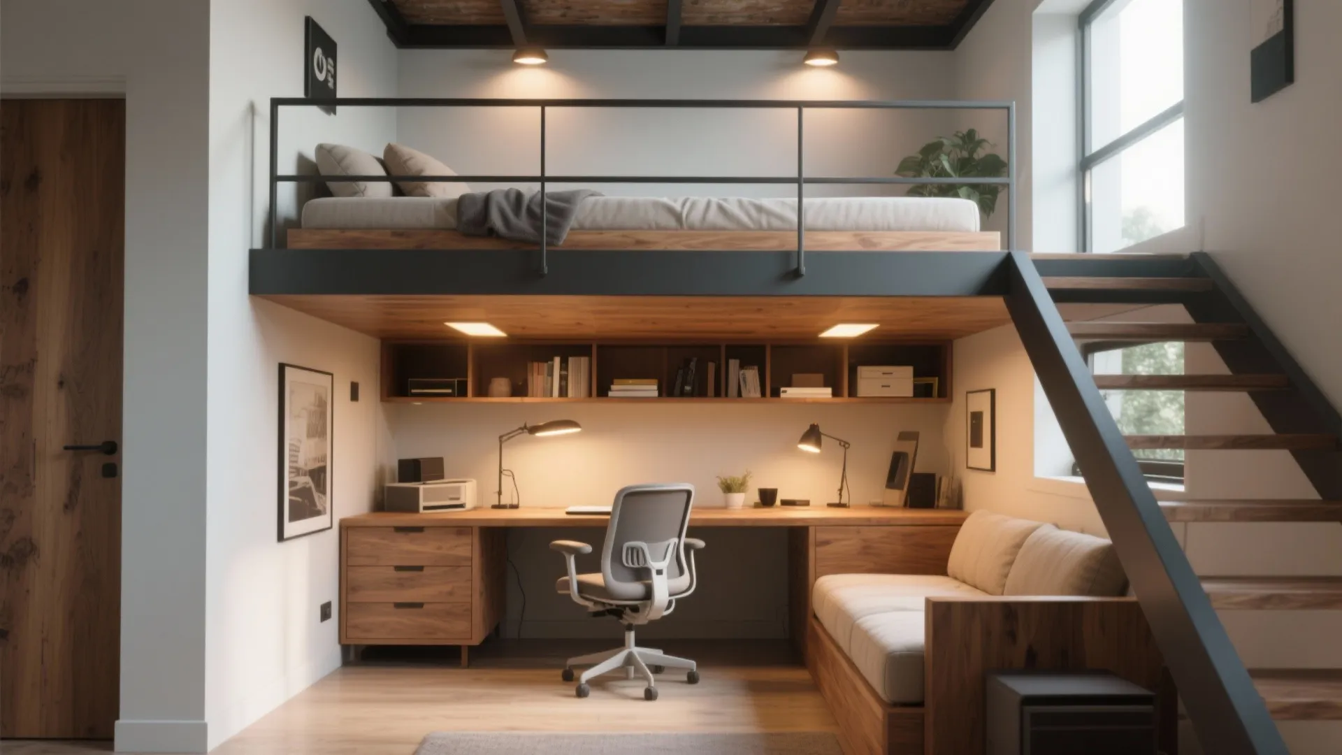 Modern loft bed above a wooden desk workspace with a small sofa and wooden stairs