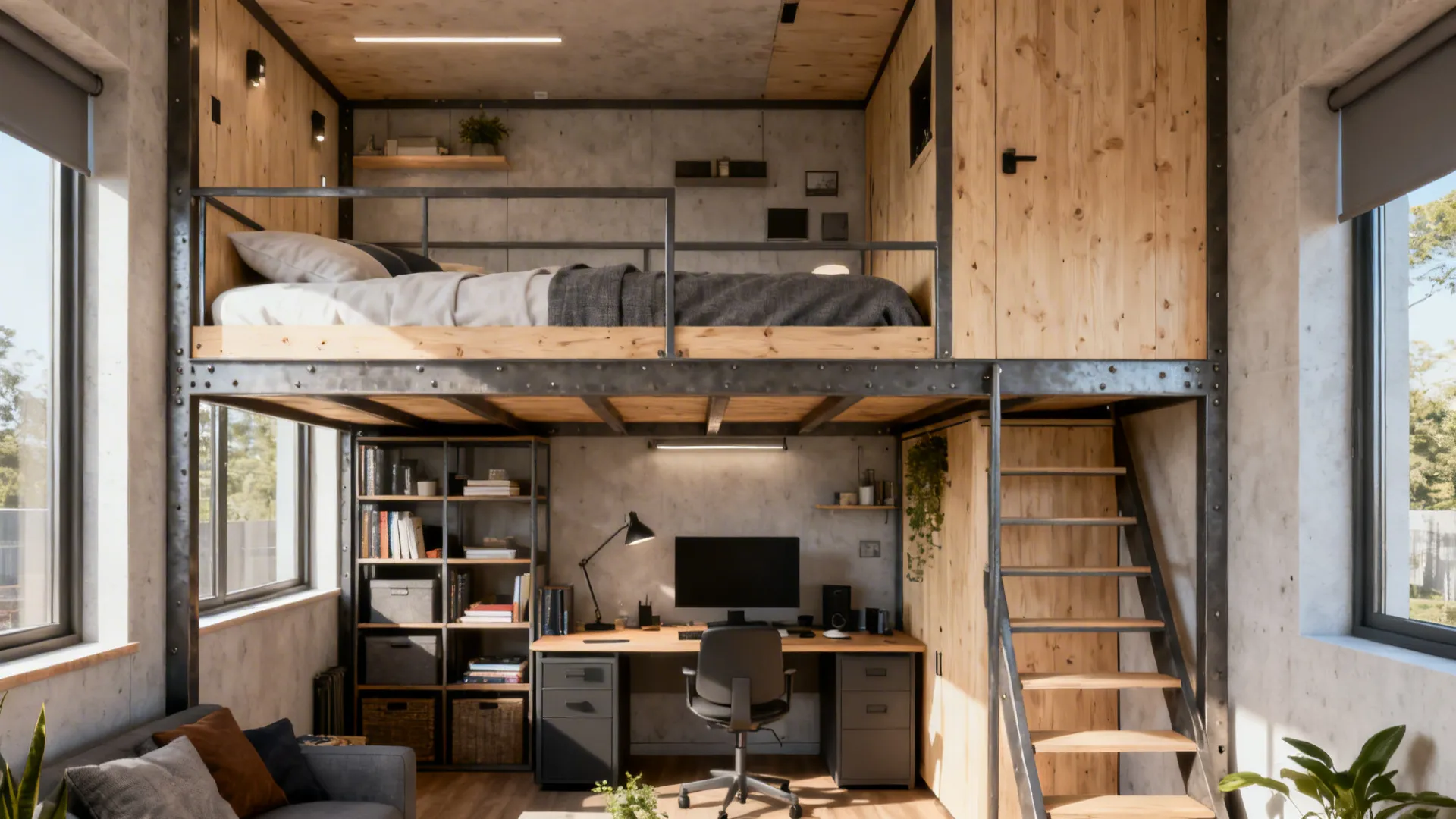 Lofted double bed with a functional home office and storage underneath in a small apartment