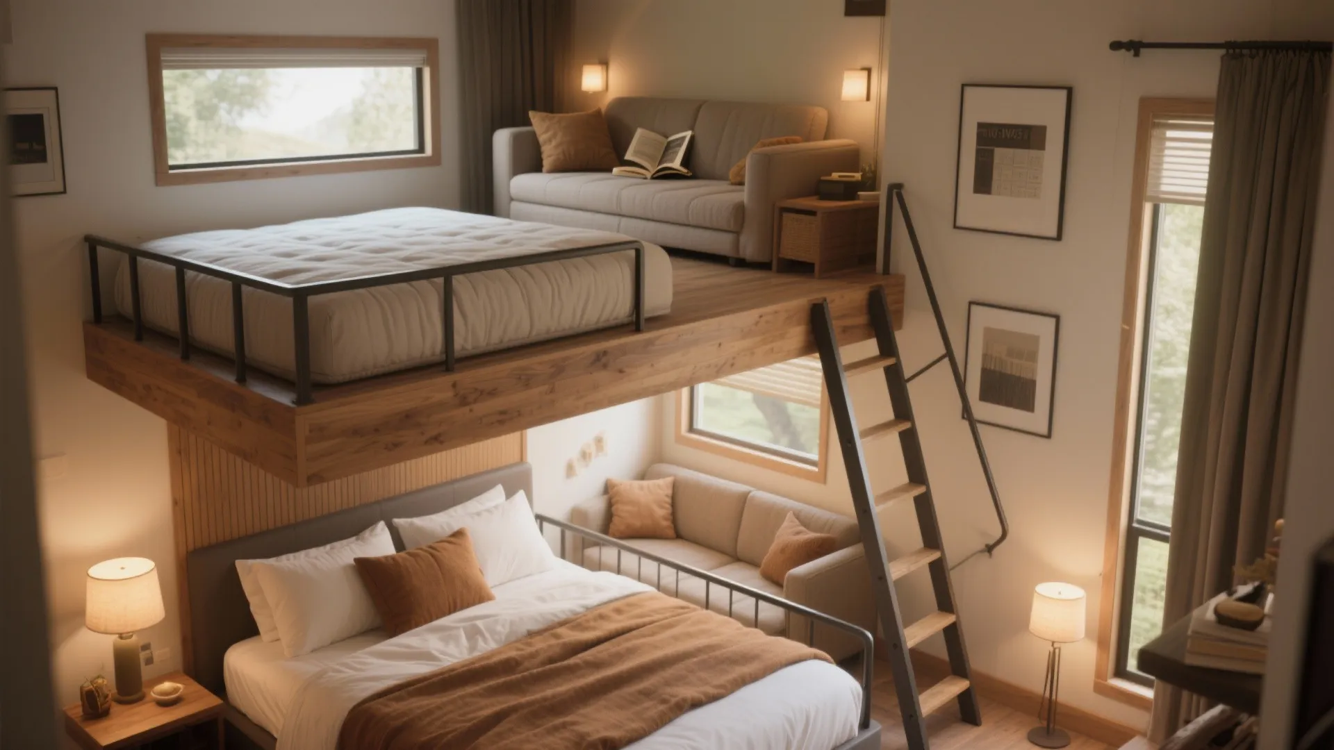 Small bedroom with wooden loft bed frame above a second bed and cozy seating area