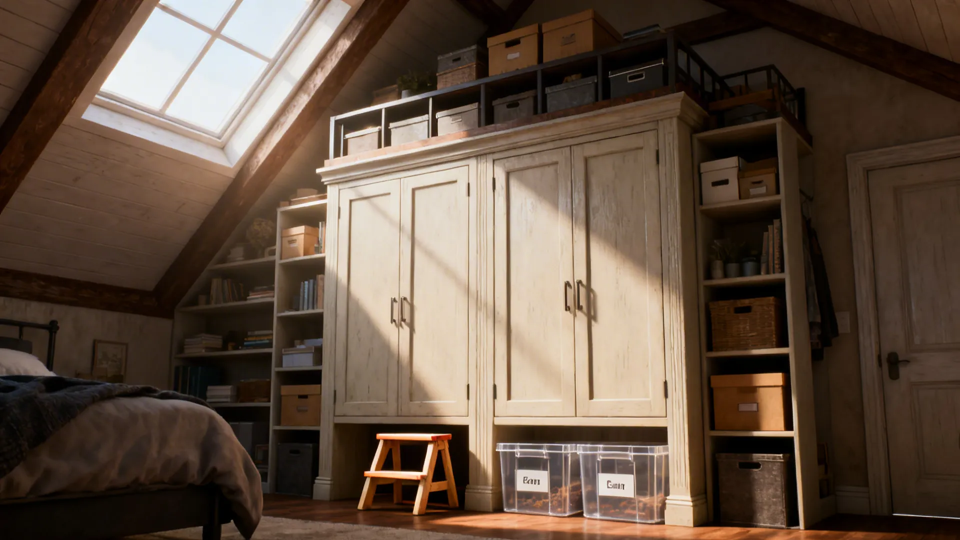 High cabinets and lofted shelves above a wardrobe with a small step stool and labeled clear bins.