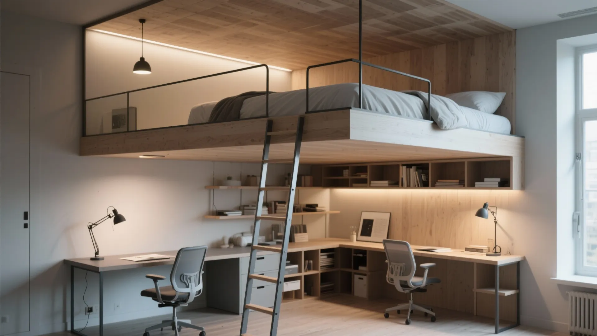 Modern loft bed over home office with two desk chairs wooden shelves and a ladder
