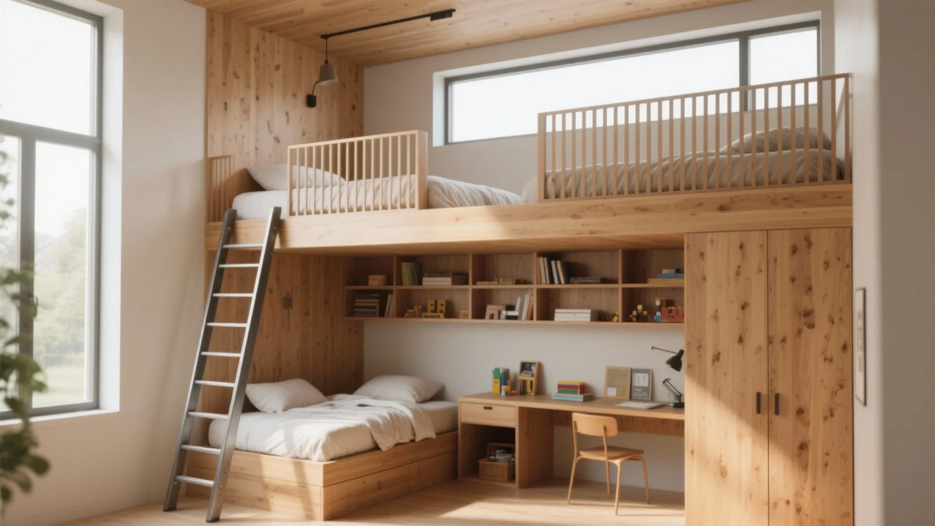Modern wooden loft bed with ladder desk and shelves placed near a large bright window