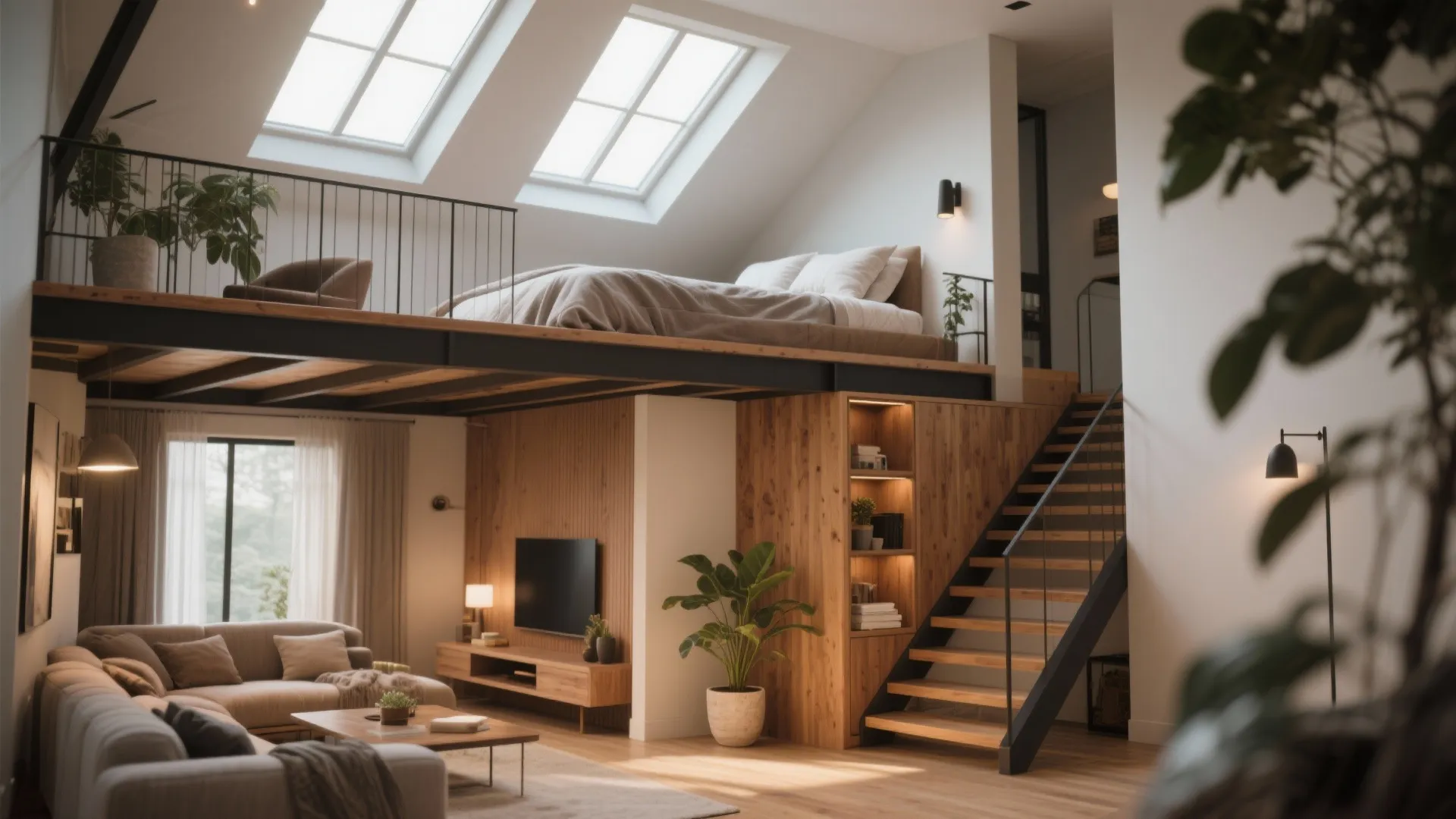 Modern loft apartment with a bedroom over the living room and stairs with wood storage
