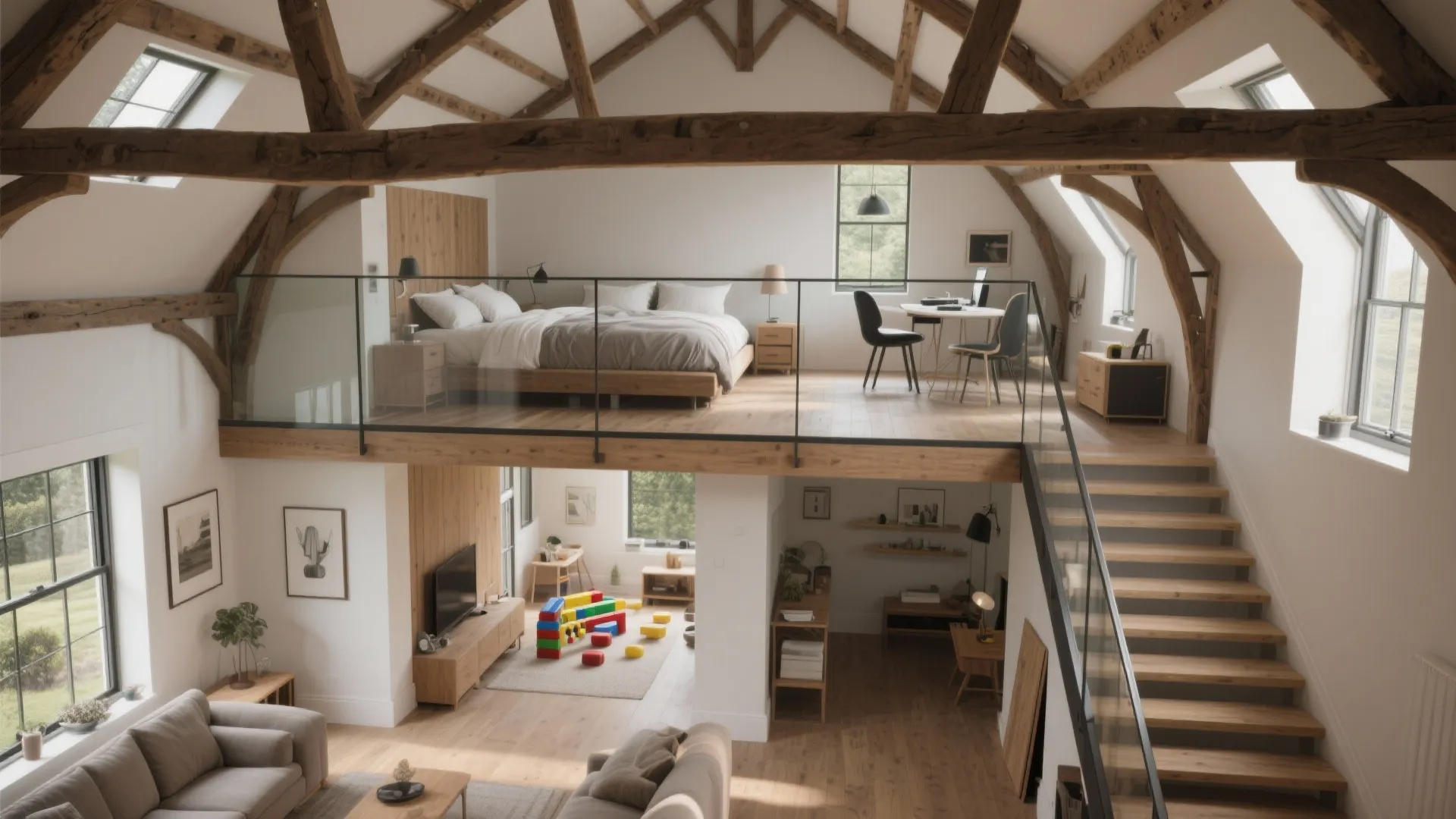 Lofted master above double-height living room with glass guardrail and exposed beams.