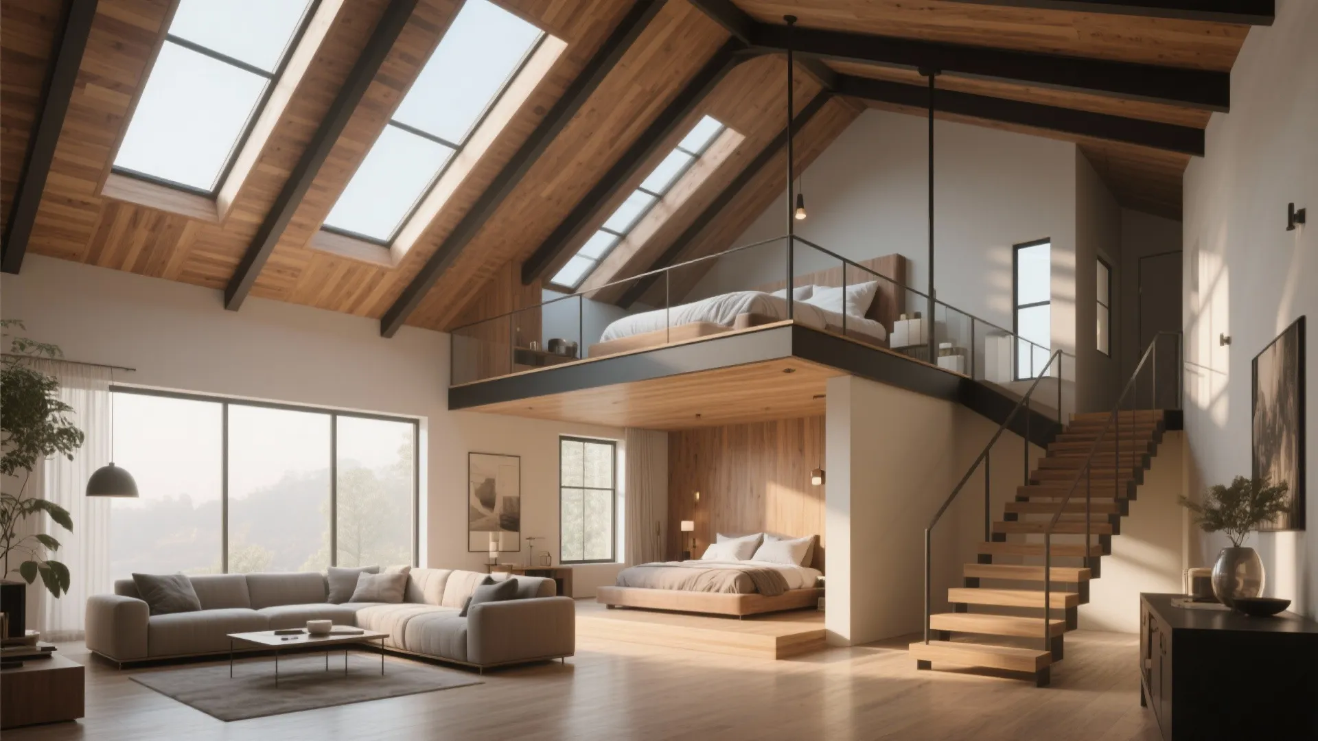 Lofted master suite with mezzanine, high ceilings and skylights creating vertical separation.