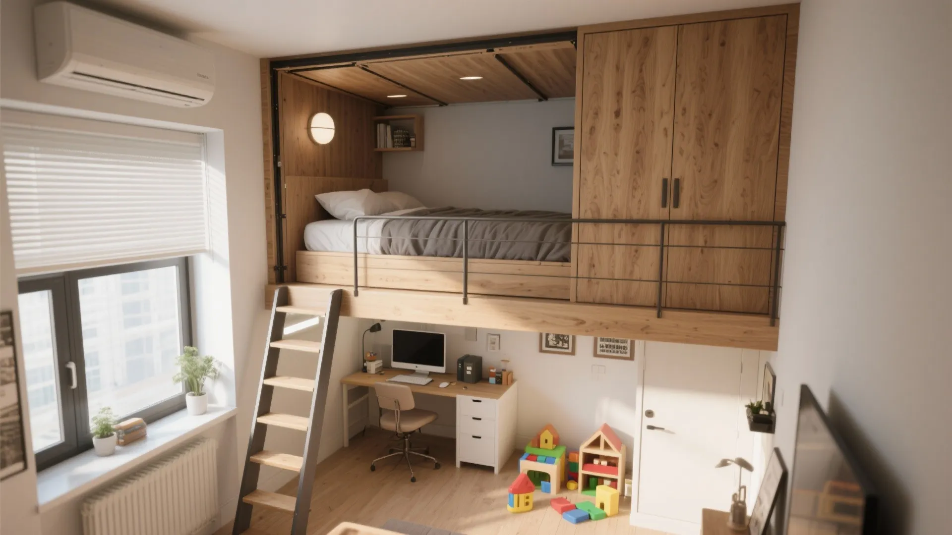 4. Lofted wall bed for dual-level functions