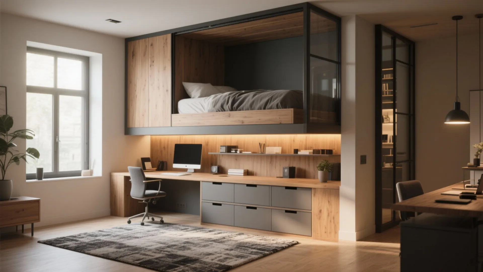 Lofted Murphy platform with storage below and a defined workspace, creating visual zoning in a multifunctional room.
