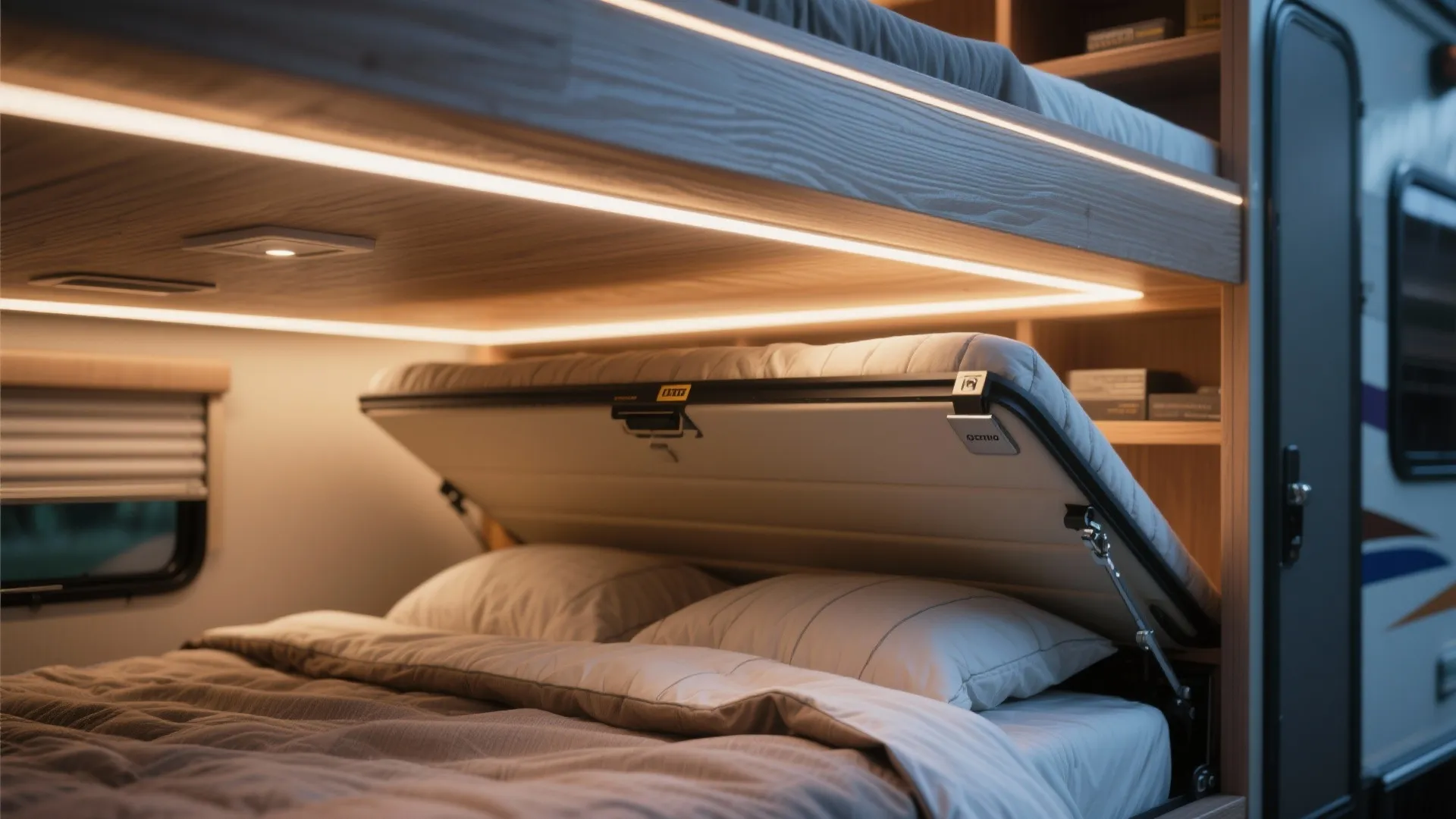 Close-up of a Murphy bed under a lofted storage platform with LED strips in an RV