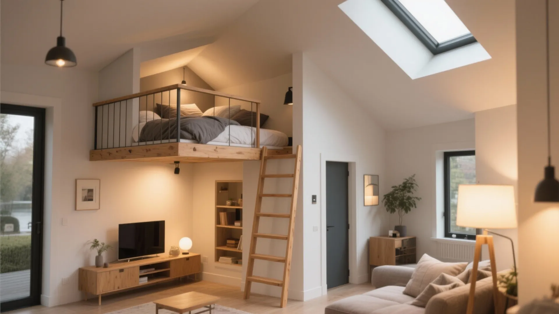 Modern loft apartment with wooden ladder leading to bed area over a small living room space