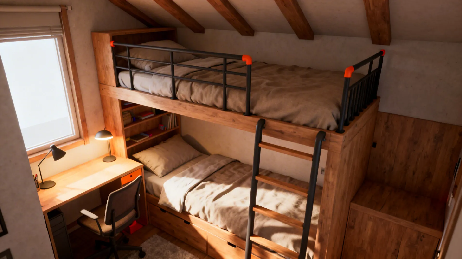 Wooden bunk bed in attic bedroom with study desk lamp chair bookshelf and slanted wood beams