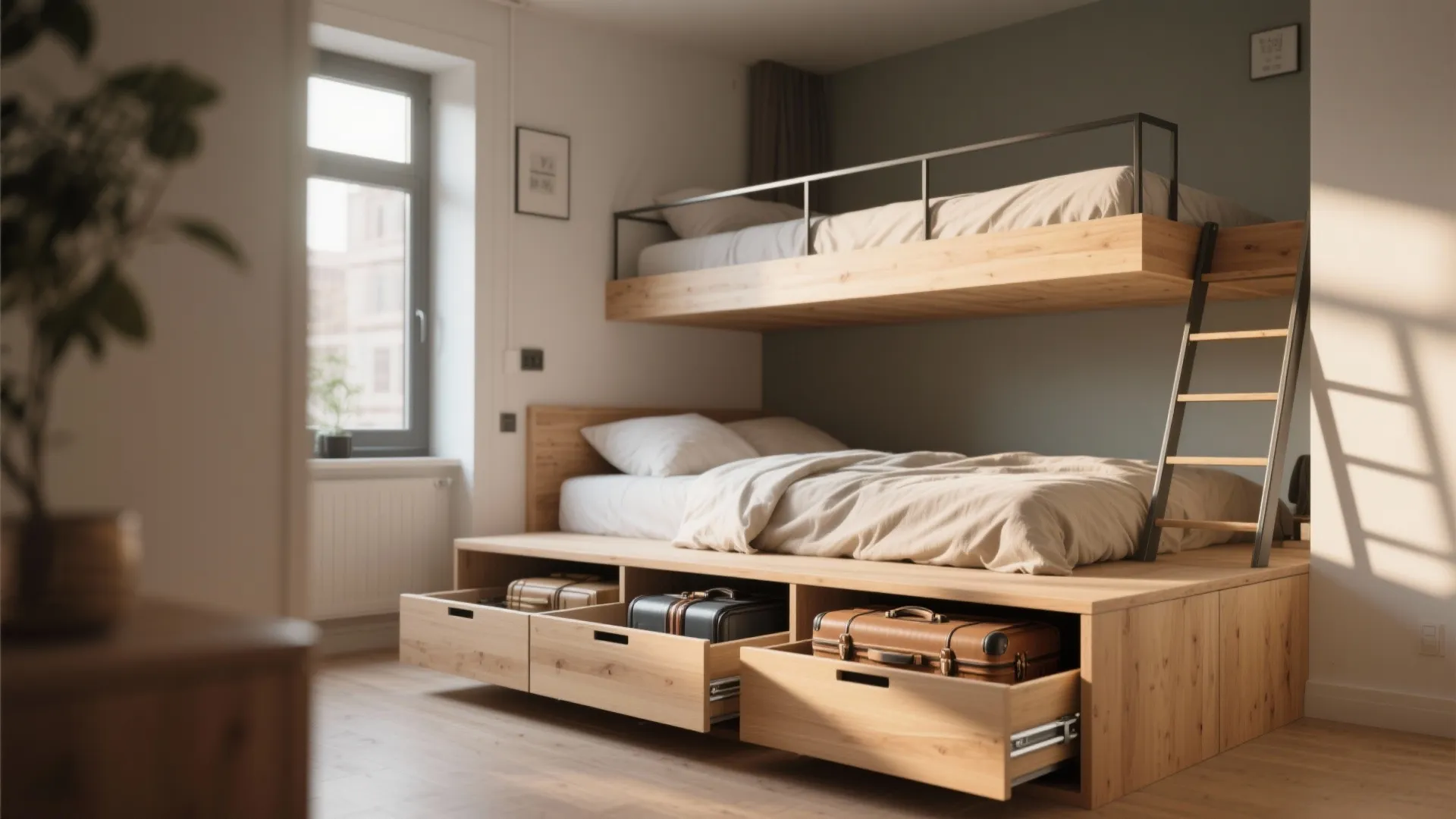 Lofted platform bed in a small apartment showing deep drawers and open floor beneath in warm daylight.