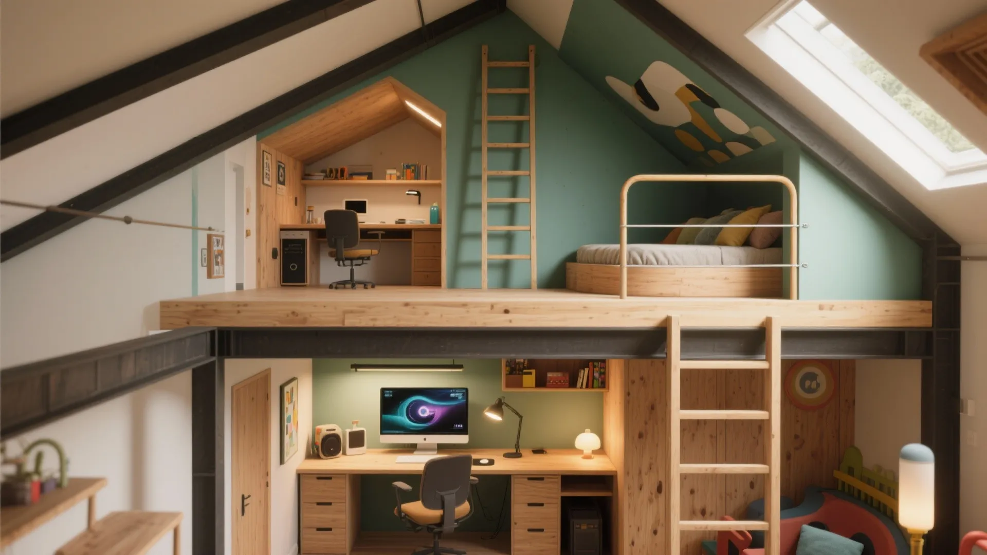 Lofted play platform with ladder and a compact desk or console underneath, showing safe railings and structural supports.