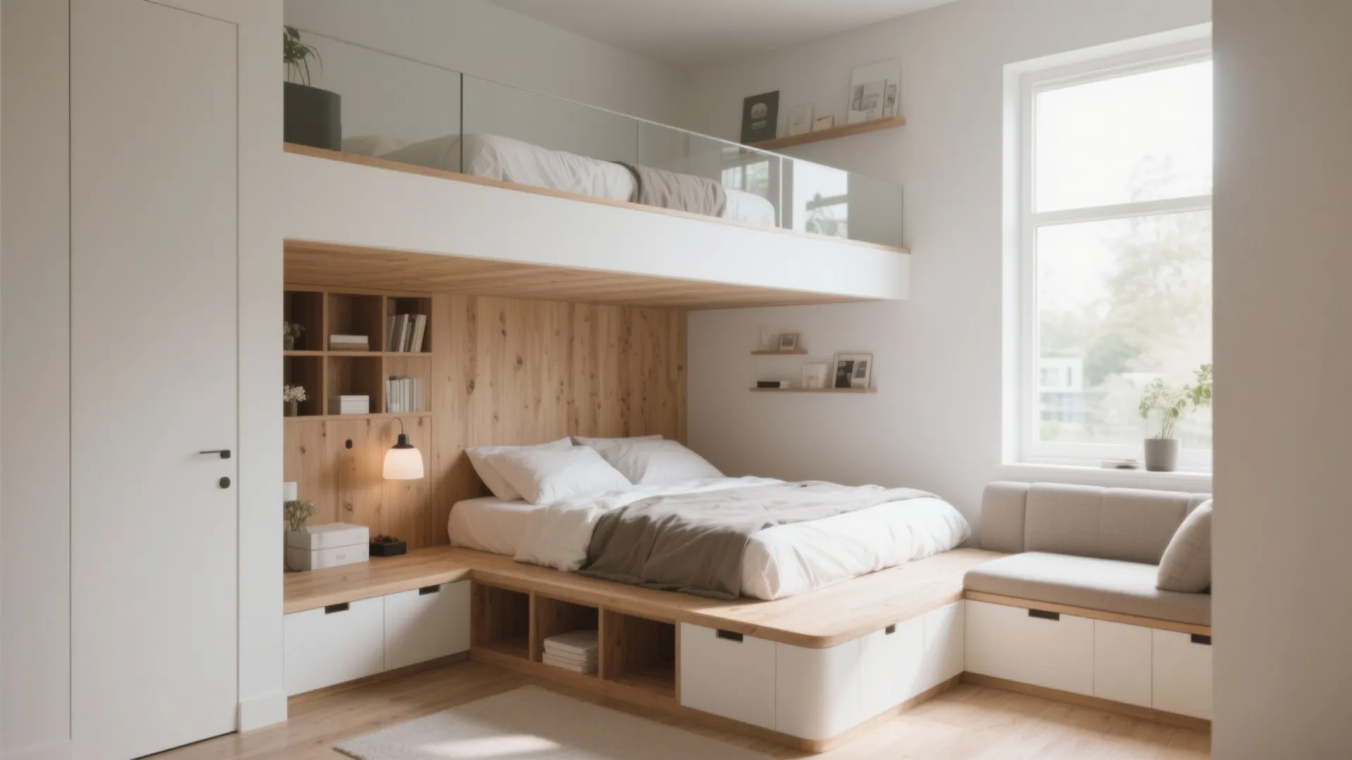 Small bedroom with a wooden platform bed and a second bed on a high glass level