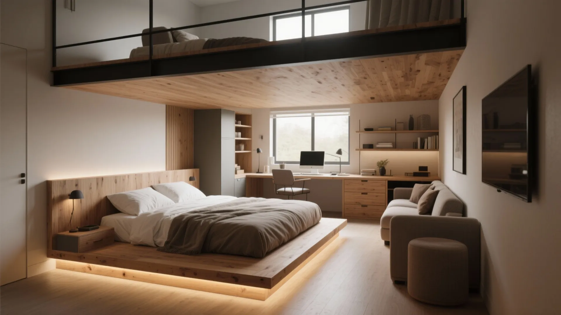 Modern room featuring platform bed, lofted sleeping area, wooden desk, computer, sofa, and warm lighting