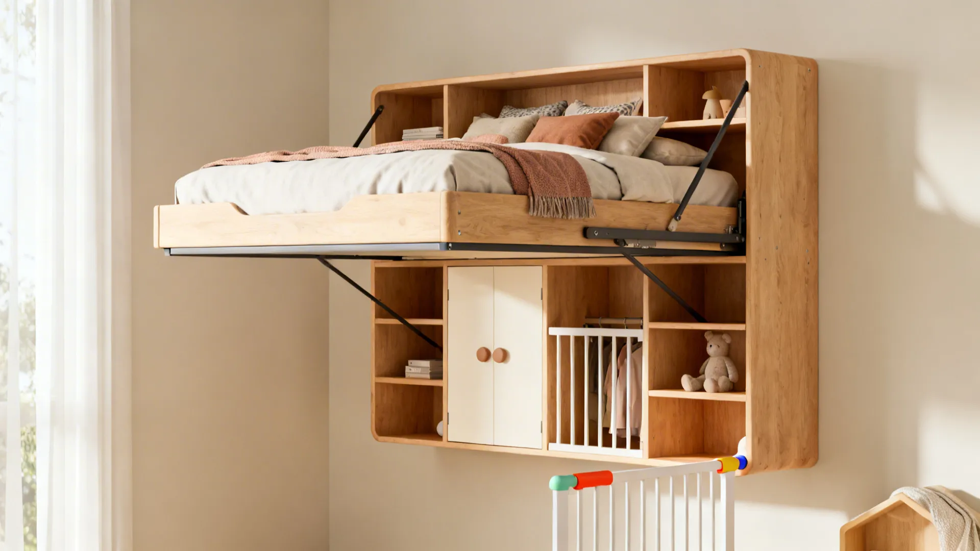 Modern wooden wall mounted pull down bed with storage shelves and small white cabinet below