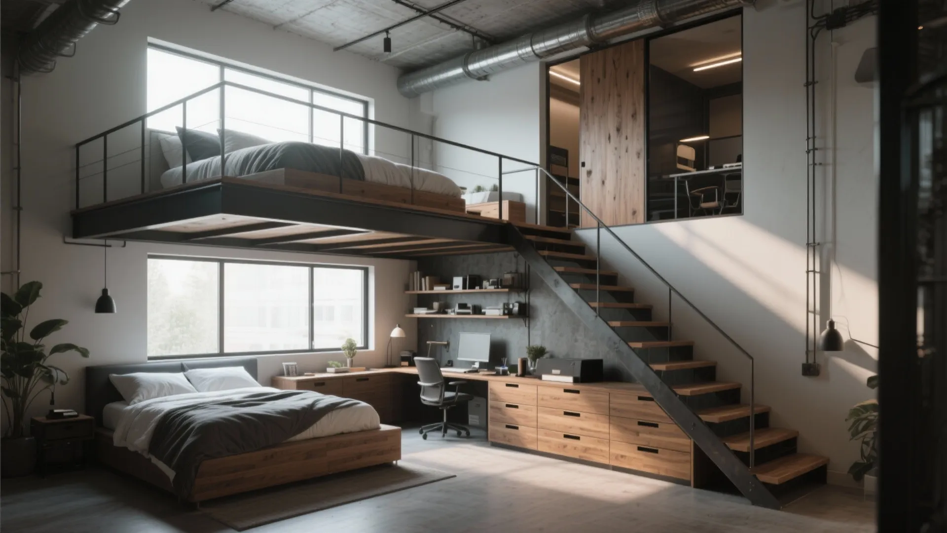 4. Lofted queen with workspace or lounge below