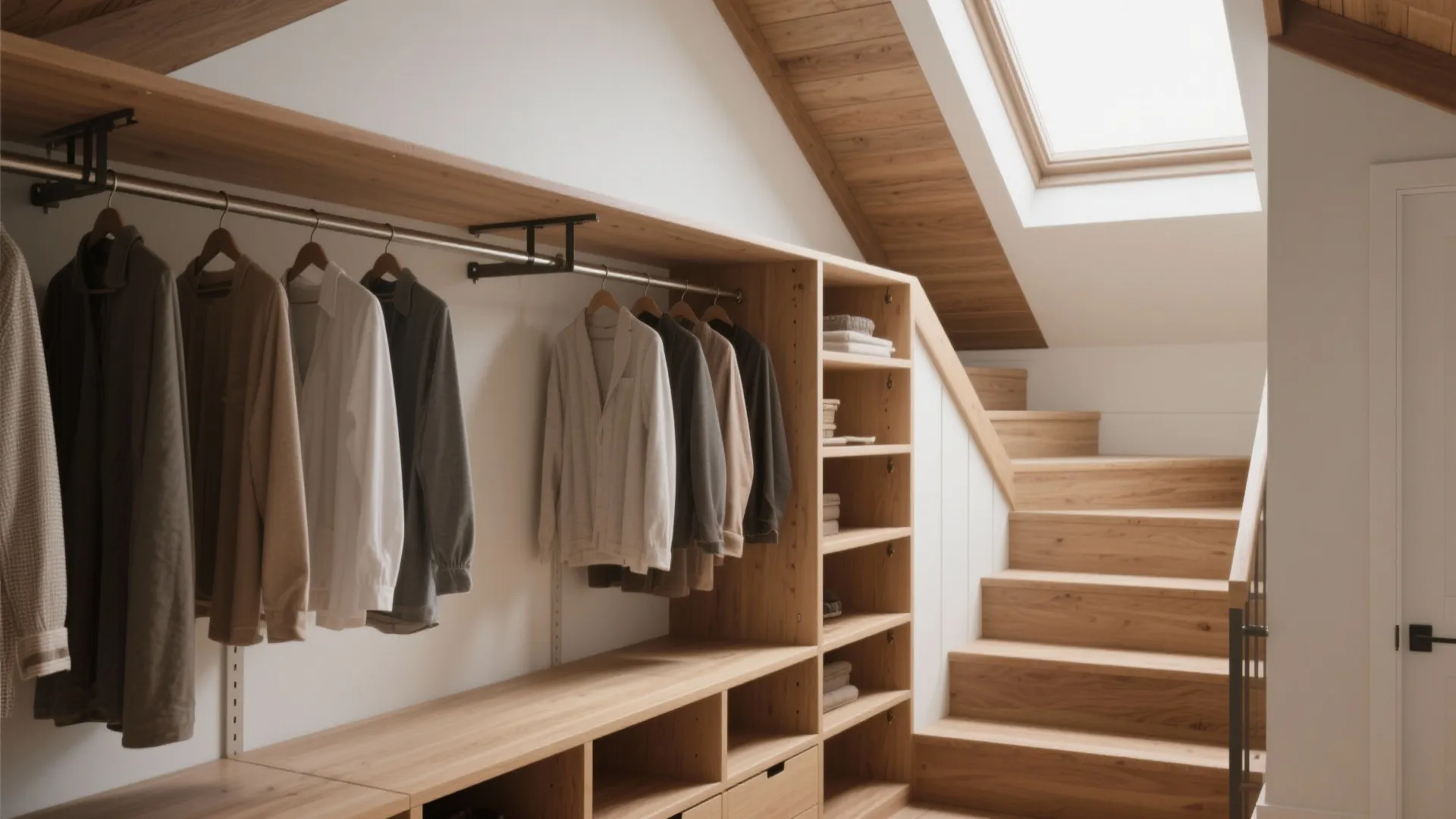 Wooden staircase leading to a loft with built in open closet storage and hanging clothing rails