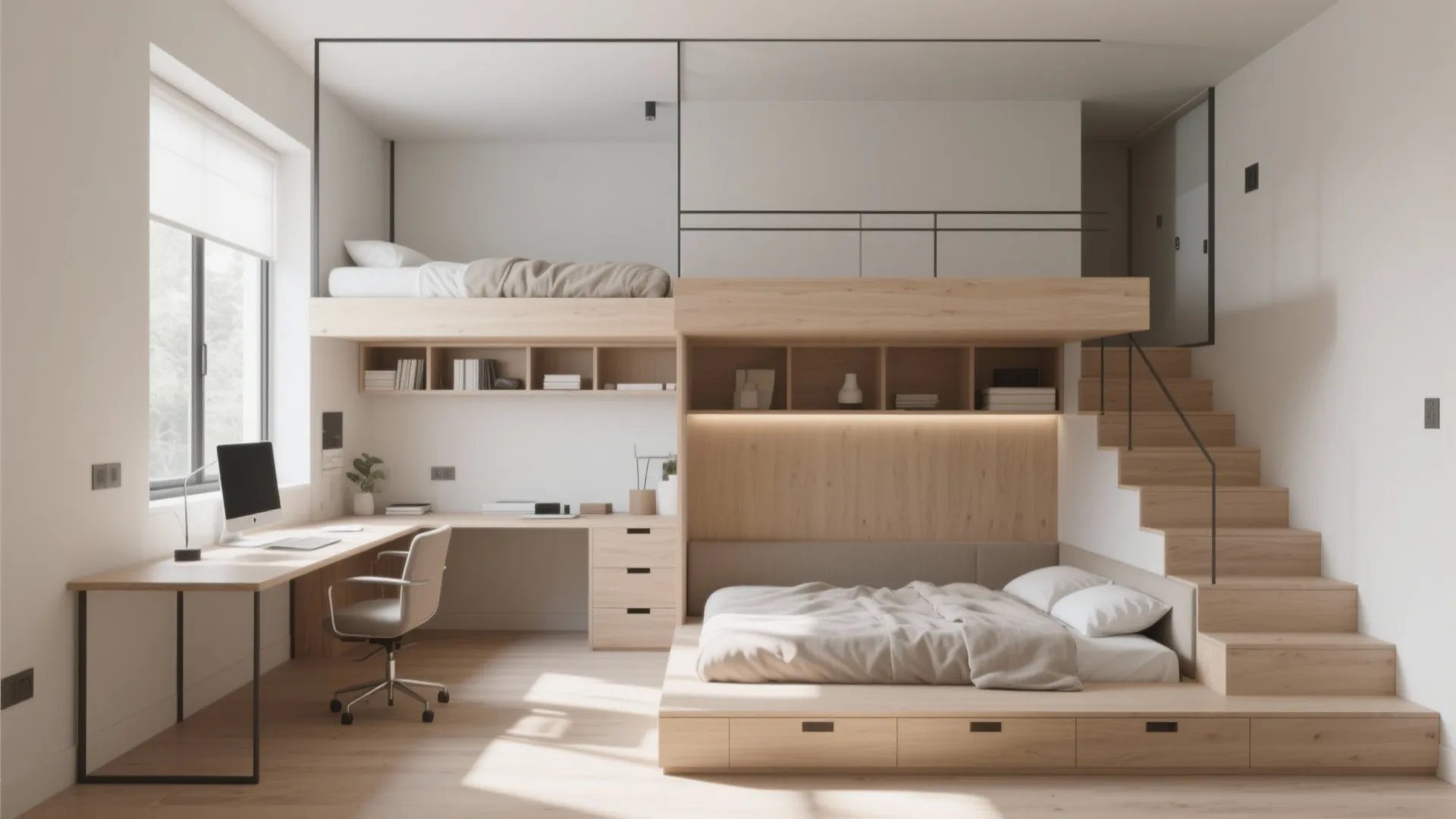 Lofted bed with a raised desk underneath and a window seat with storage in a small shared room.