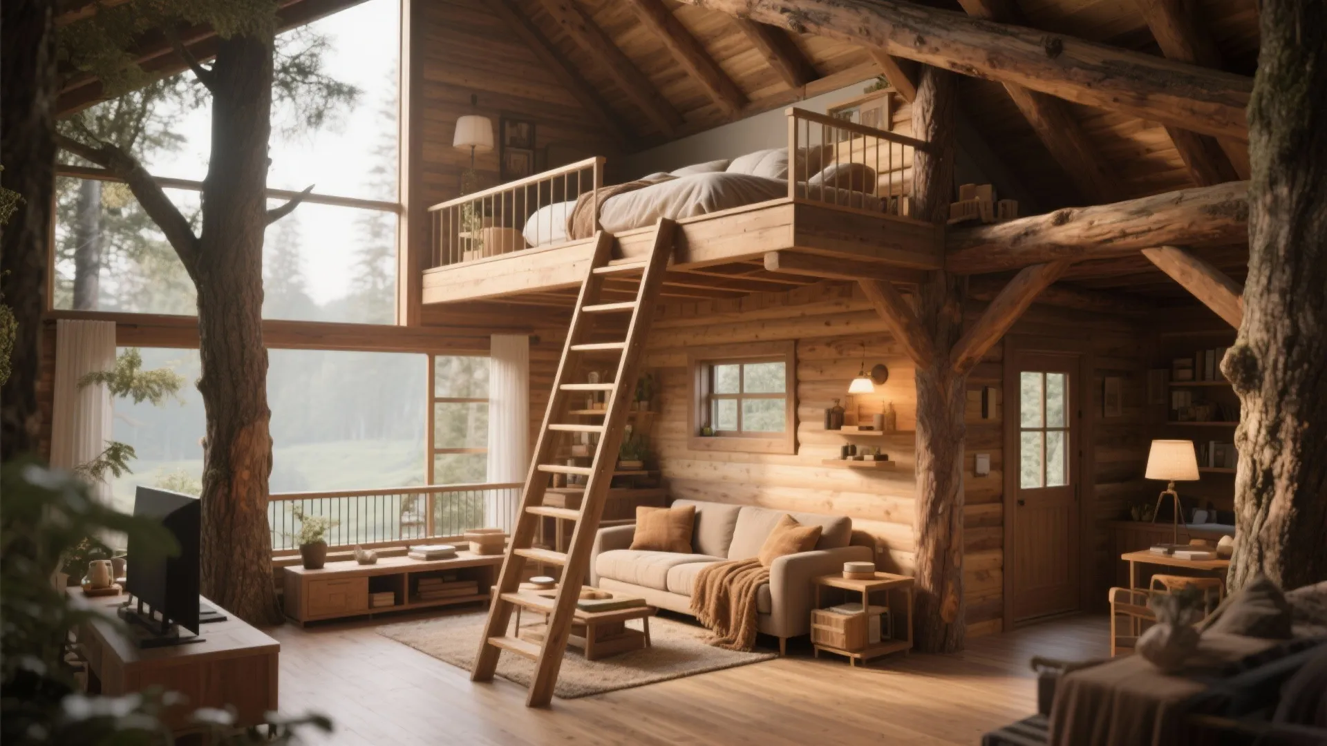 Cabin interior with a cozy lofted sleeping area above the living room and exposed beams.
