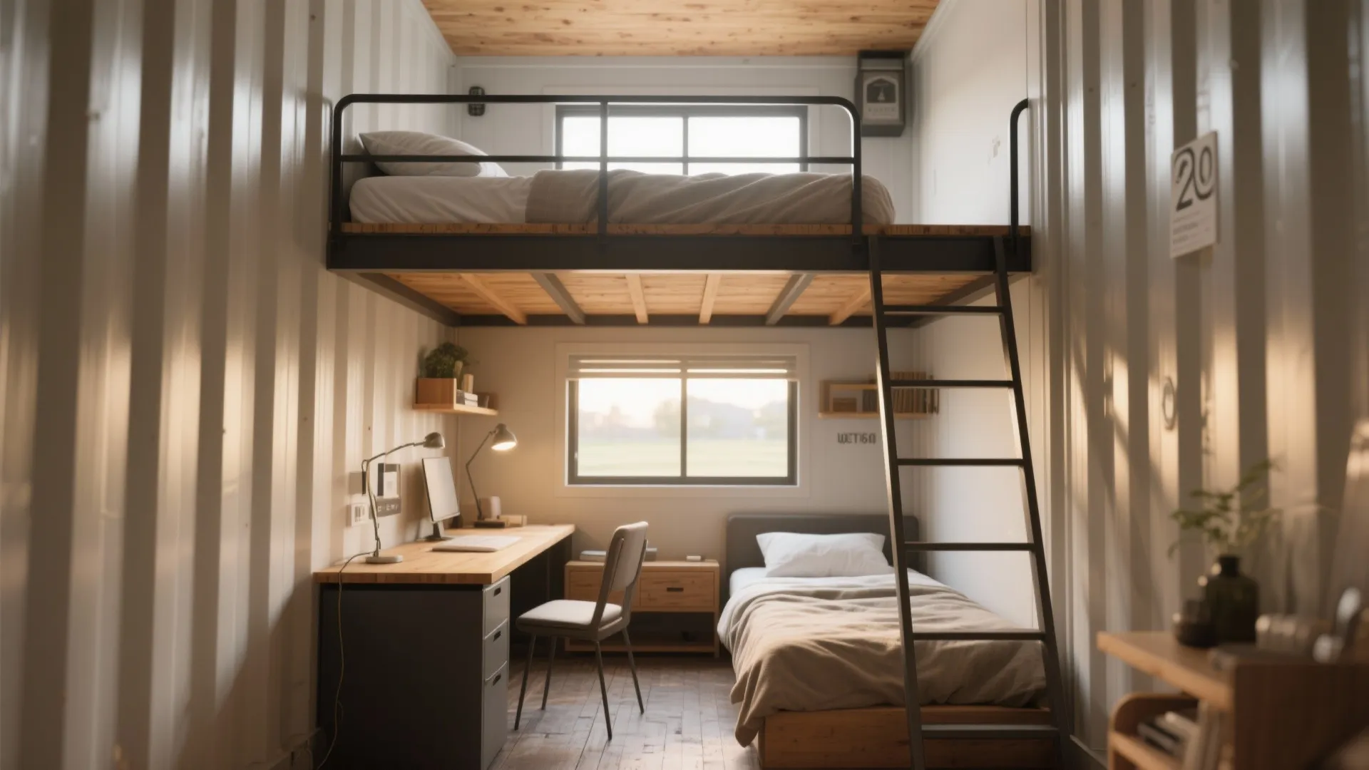 Small container bedroom with a lofted bed and a compact desk underneath