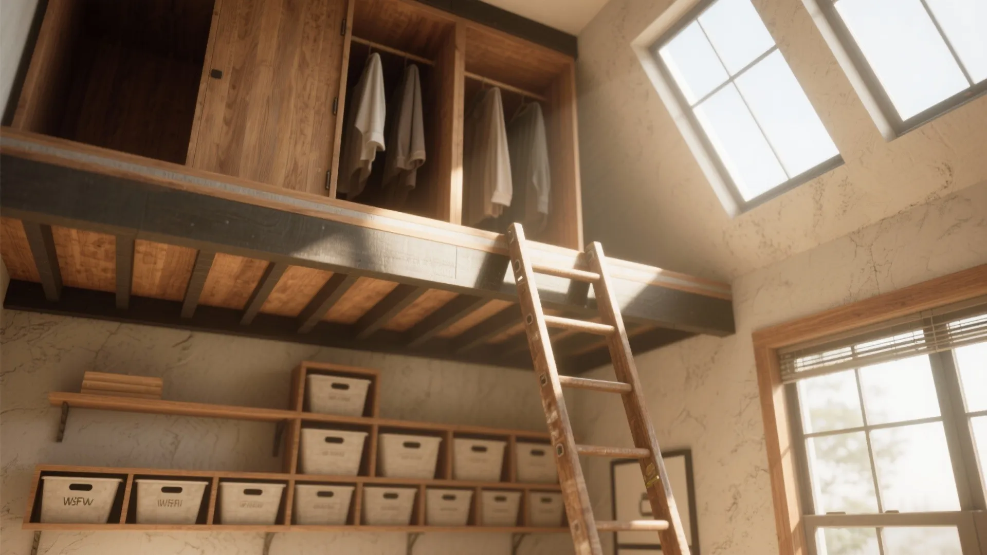 Lofted storage above closets with clerestory windows and a foldable ladder in a compact home